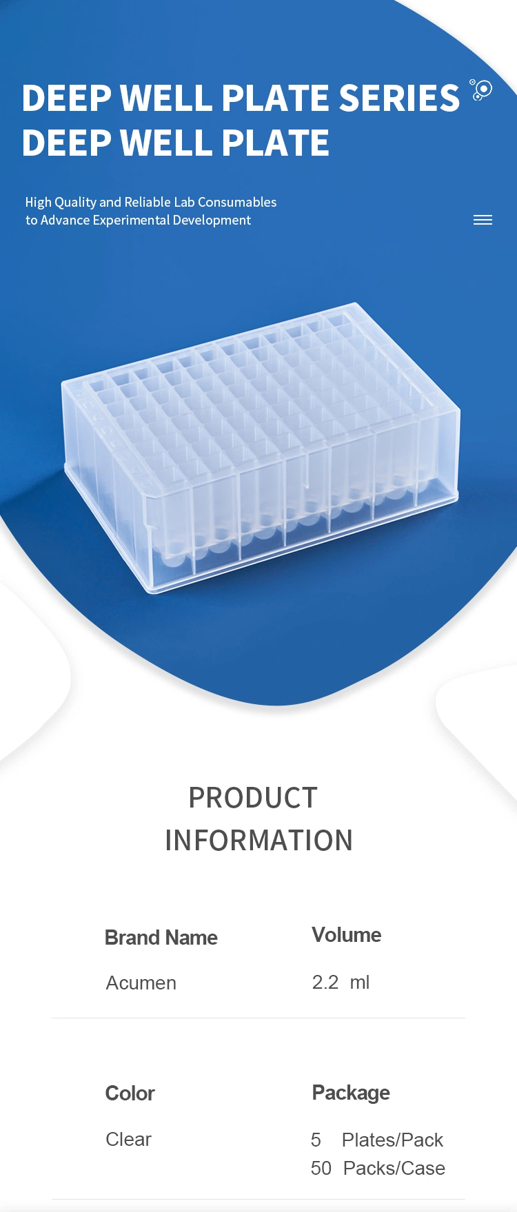 Laboratory Consumables 0.5ml 1.2ml 1.6ml 2.0ml 2.2ml 96-Well Deep Well Plate